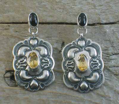 Native American Onyx & Citrine Repousse Earrings